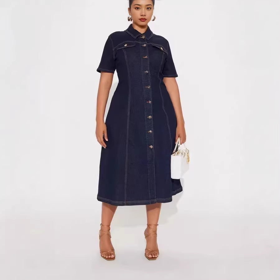 new european and american cross-border  independent station foreign trade short-sleeve turn-down collar casual denim dress for women