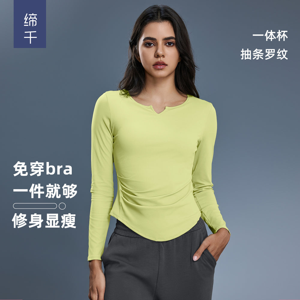 Women's v-neck stretch slim-fit yoga top for autumn - includes bra pads, long sleeve fitness t-shirt d25175