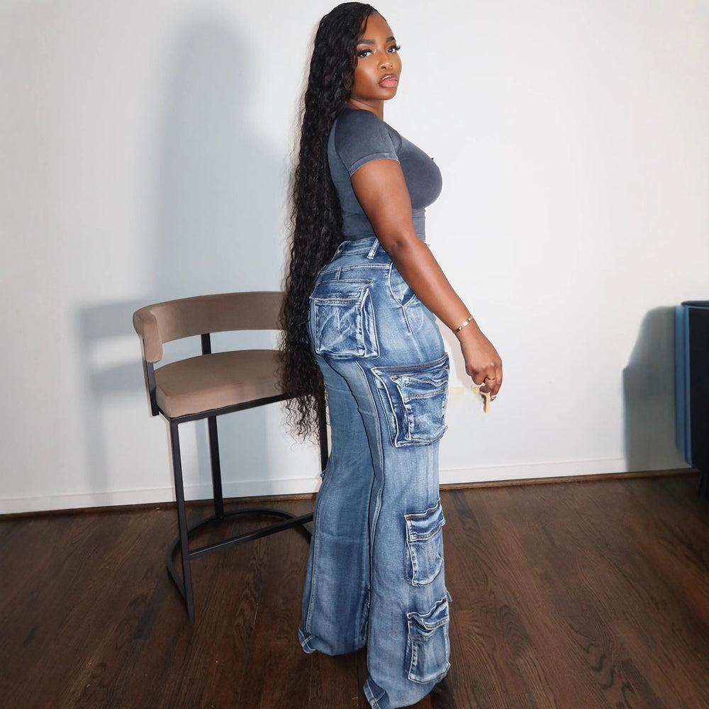 European and american style women's multi-pocket jeans -  cross-border autumn/winter fashion washed high-waisted straight-leg casual pants