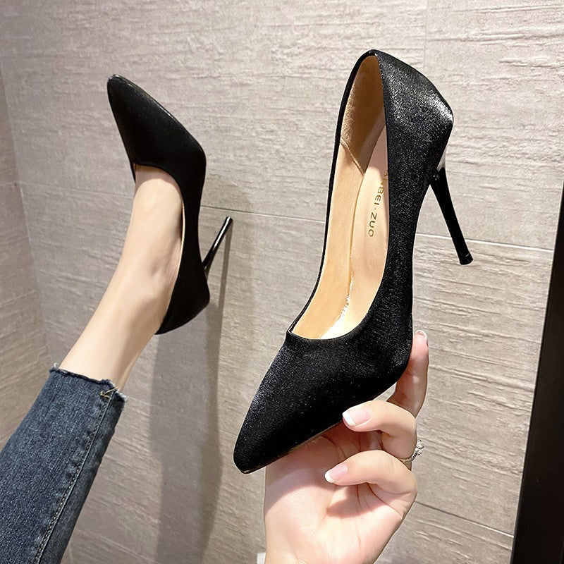 French satin black high heels - 2025 summer new collection: pointed-toe, low-cut, closed-toe stiletto heels - elegant and stylish for everyday wear