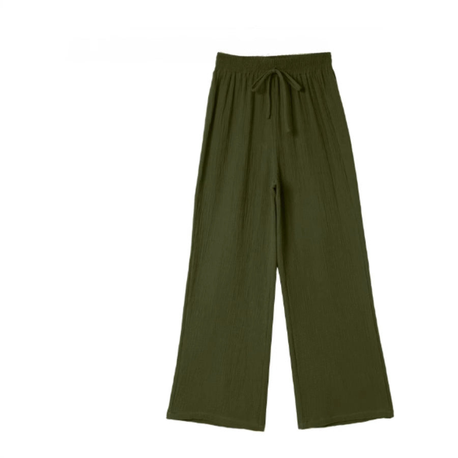 women's cross-border loose solid color drawstring casual pants - european and american style, versatile textured high-waisted wide leg trousers for work and leisure