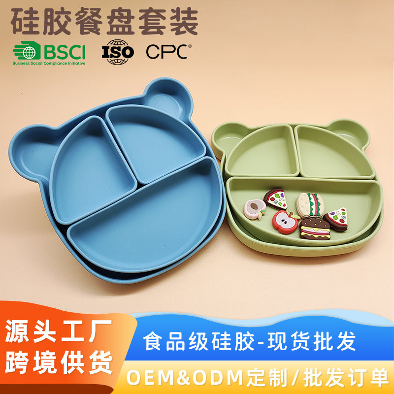 Cross-border baby silicone plate, baby and child suction cup, integrated tableware, learning to eat training, thickened complementary food bowl