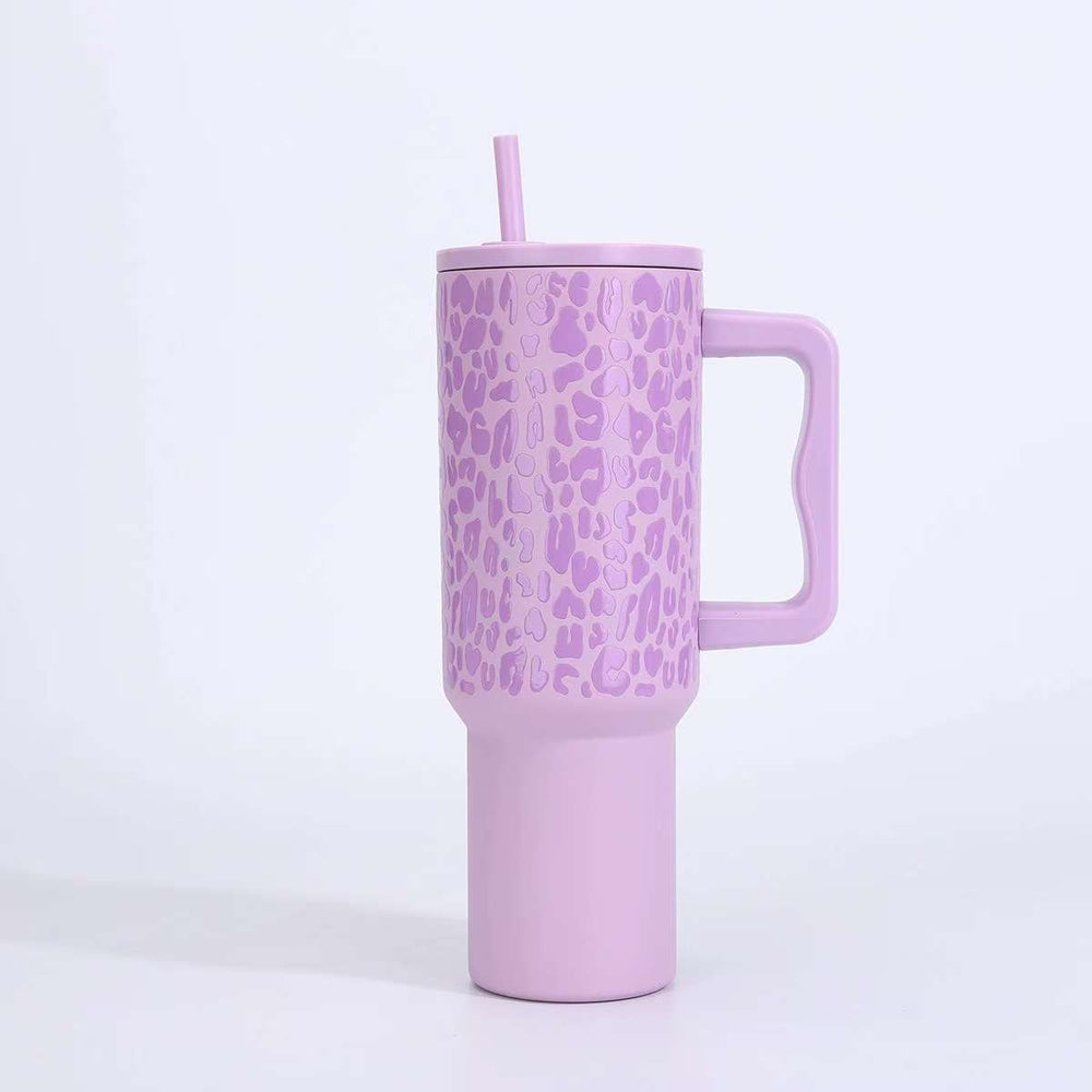 leopard print 40oz stainless steel thermos cup large capacity with handle vacuum straw cup outdoor car cup