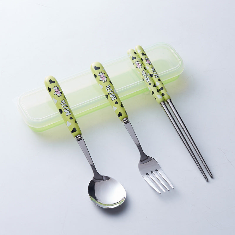 Portable storage cutlery set - cute cow design stainless steel children's dinnerware set: fork, spoon, and chopsticks