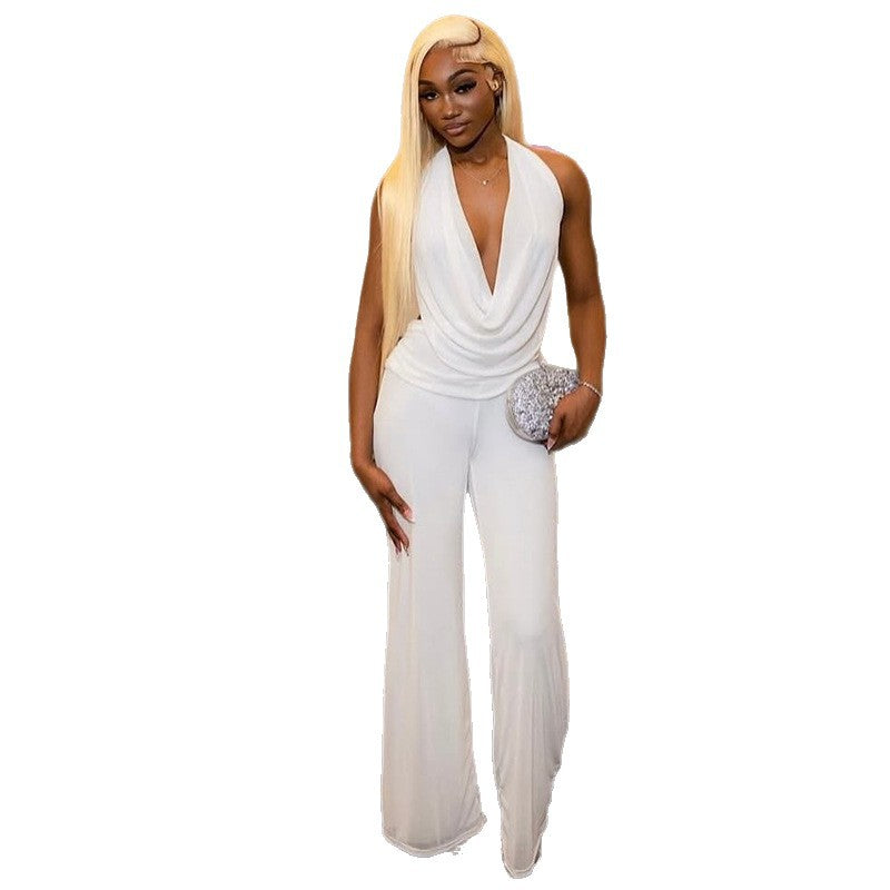 European and american style cross-border casual loose women's solid color halter backless pants set, scoop neck ruched comfortable two-piece trendy outfit