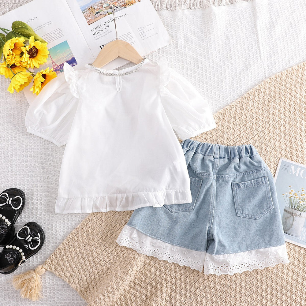 Summer new girls' outfit: bubble sleeve blouse and lace denim shorts two-piece set