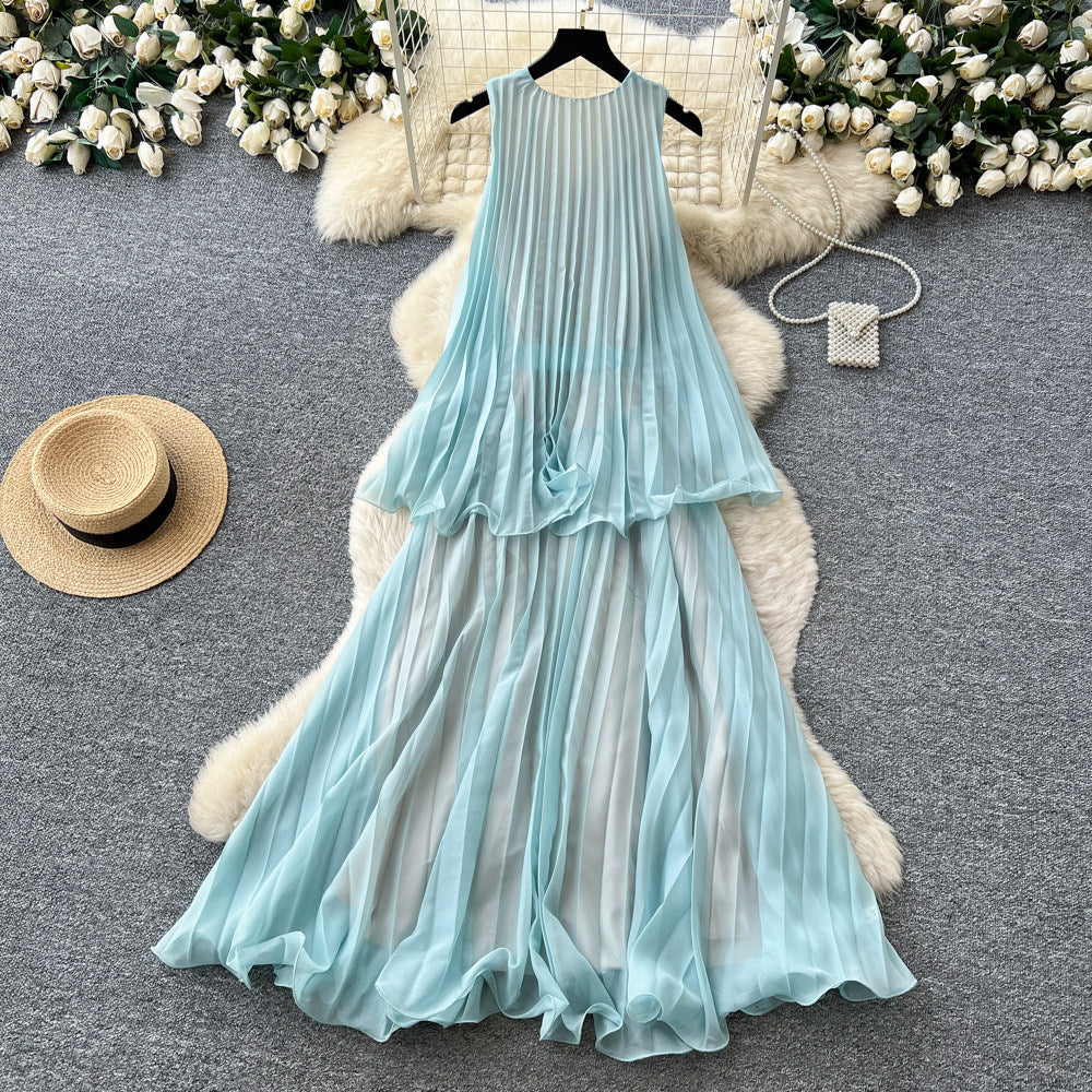 High-end resort style sleeveless halter dress for women, summer korean style, mint green, ruffle trim, pleated, elegant maxi dress