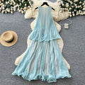 High-end resort style sleeveless halter dress for women, summer korean style, mint green, ruffle trim, pleated, elegant maxi dress