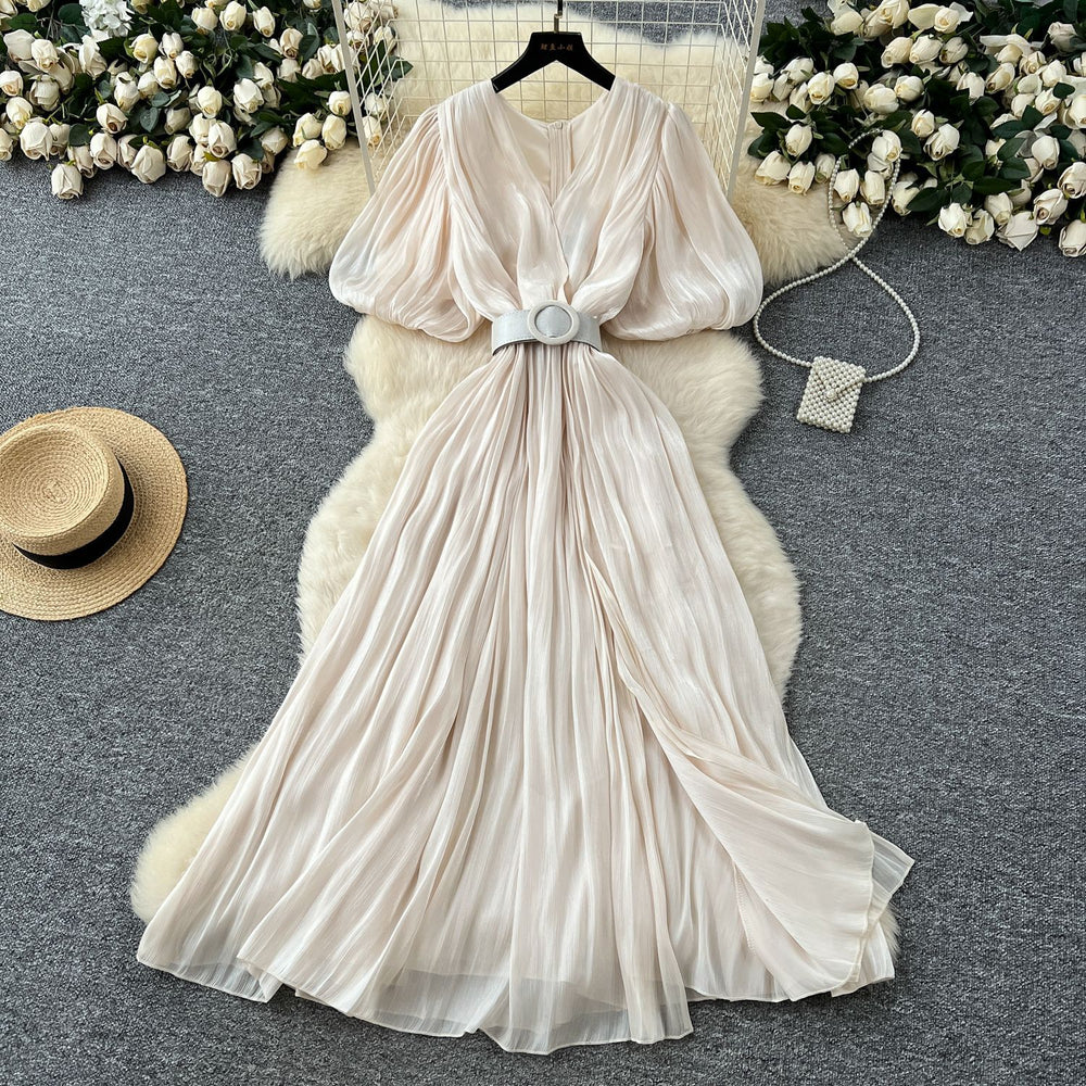 Luxury chic bubble sleeve dress - women's summer slit v-neck belted slimming exquisite maxi dress