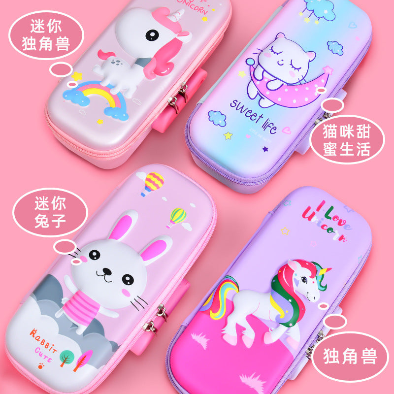 Cartoon cute password lock stationery box large capacity kindergarten Korean version pencil case small fresh girls pencil case