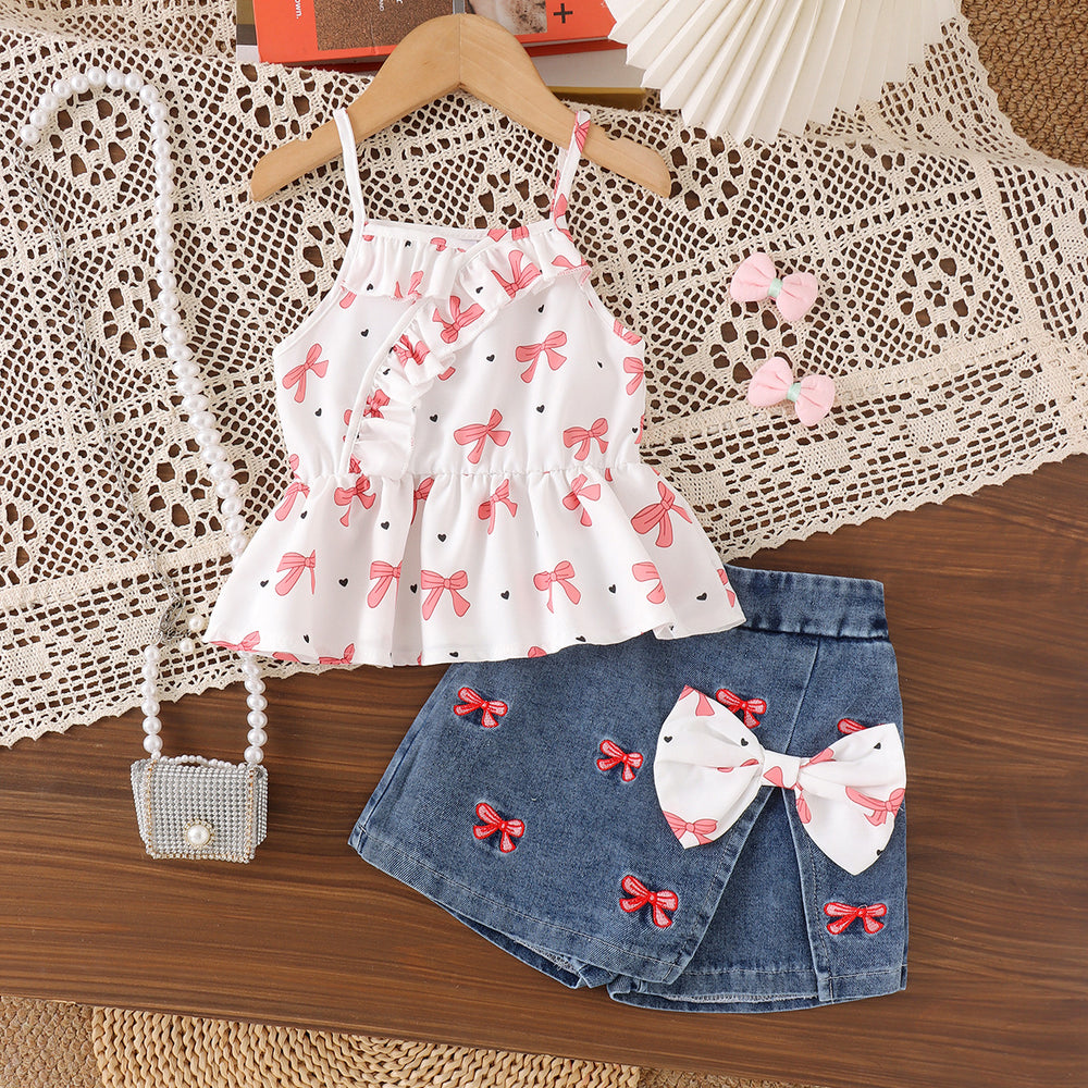 Children's clothing shein cross-border girl suit cherry white suspender top skirt