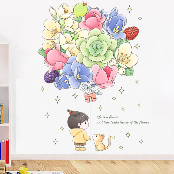 Cross-border new romantic cartoon girl balloon succulent living room bathroom entrance restaurant TV wall decorative wall sticker