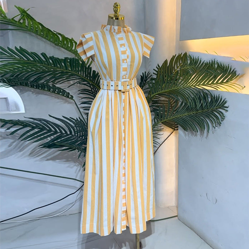 European and american cross-border women's fashion:  spring new arrival - elegant and stylish yellow striped ruffle-trimmed tie-waist dress
