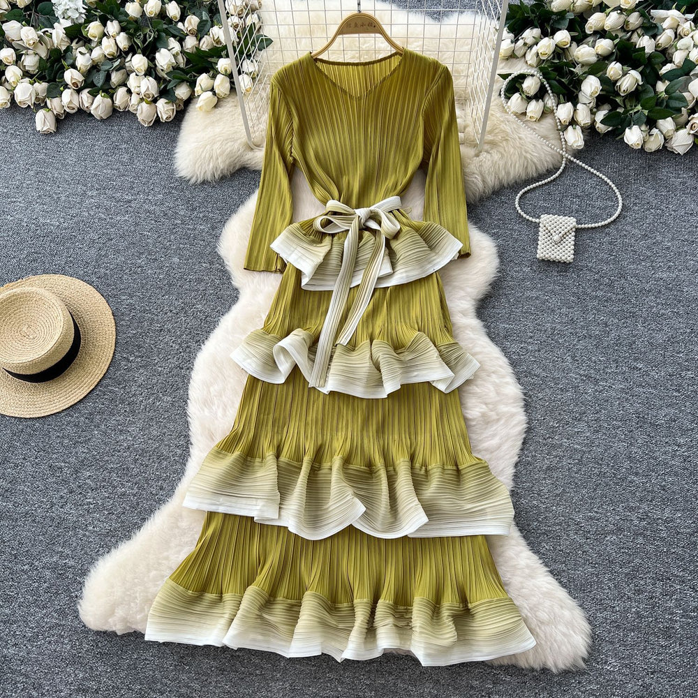 Miya pleated dress - women's  new arrival: high-end tie-waist gradient ruffle pleated maxi dress