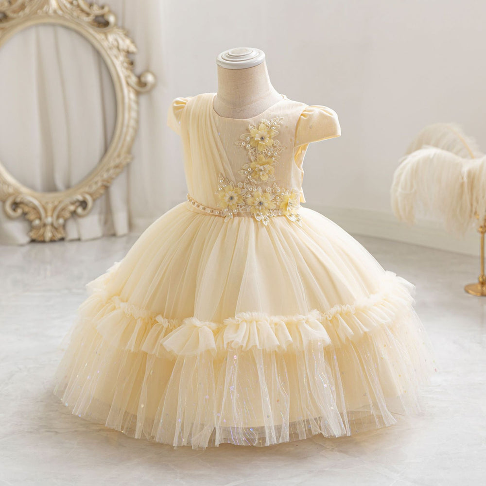 Fashionready-made girl airplane sleeve dress gold sequin princess dress first birthday dress girl dress