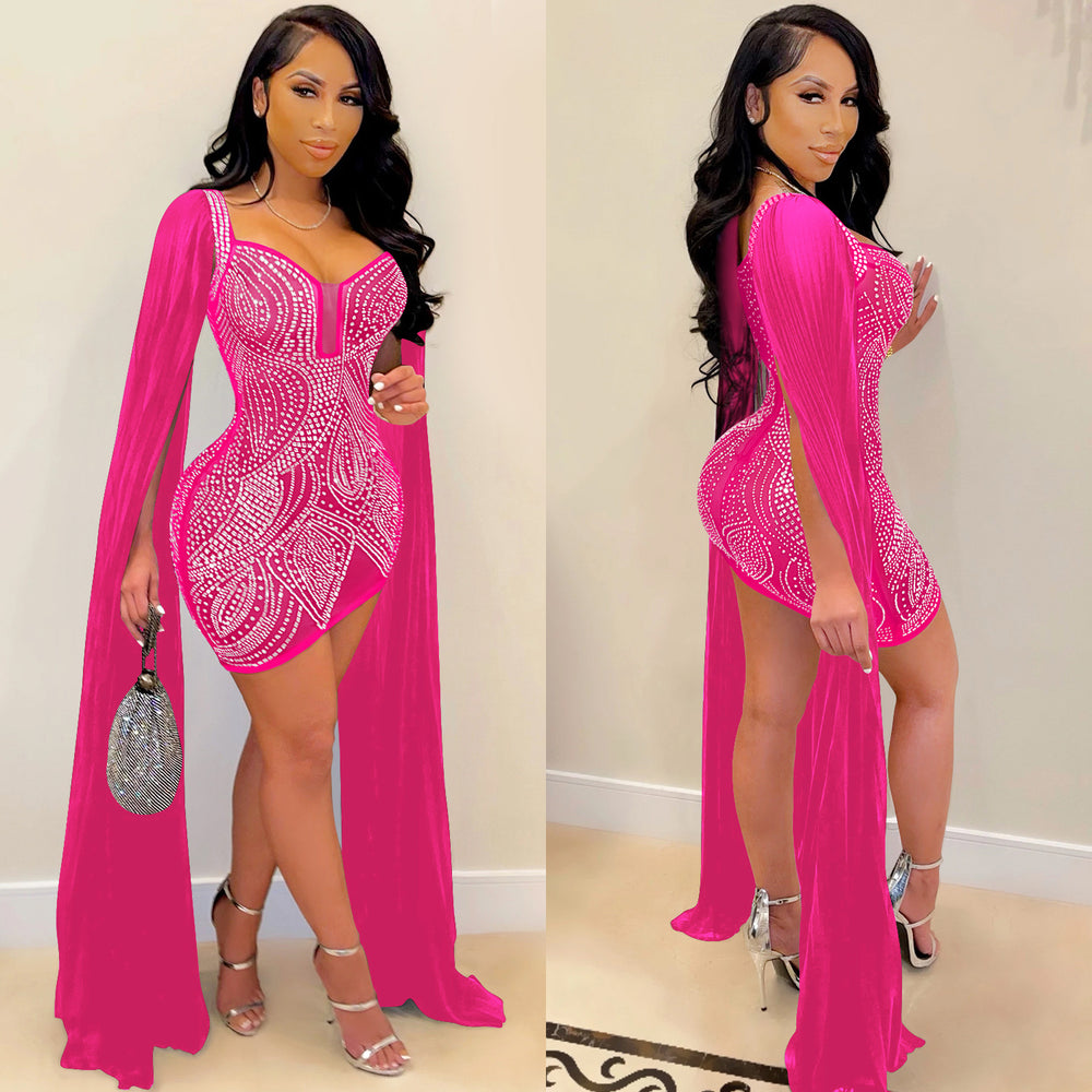 X5332 cross-border new product   hot diamond mesh sexy nightclub long sleeves zipper midi skirt dress