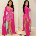 X5332 cross-border new product   hot diamond mesh sexy nightclub long sleeves zipper midi skirt dress