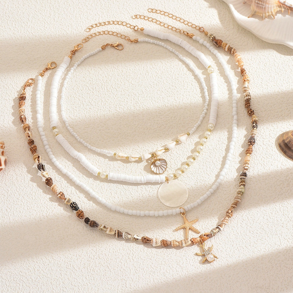 Wholesale beach necklace - european & american style - cross-border e-commerce - beach vacation - starfish, shell, pearl choker - layered beaded clavicle chain for women