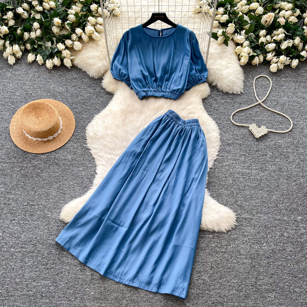 K-stylework clothing style lantern sleeve shirt high waist skirt women's summernew arrival waist slimming looktwo-piece set light mature style