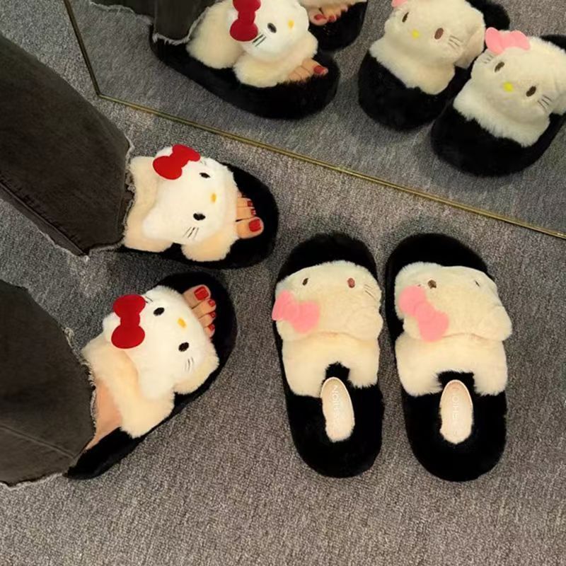 New arrival high-looking kt cat fur slippers flip-flops 2025fall and winteroutwear soft thick bottom non-slip cute cartoon