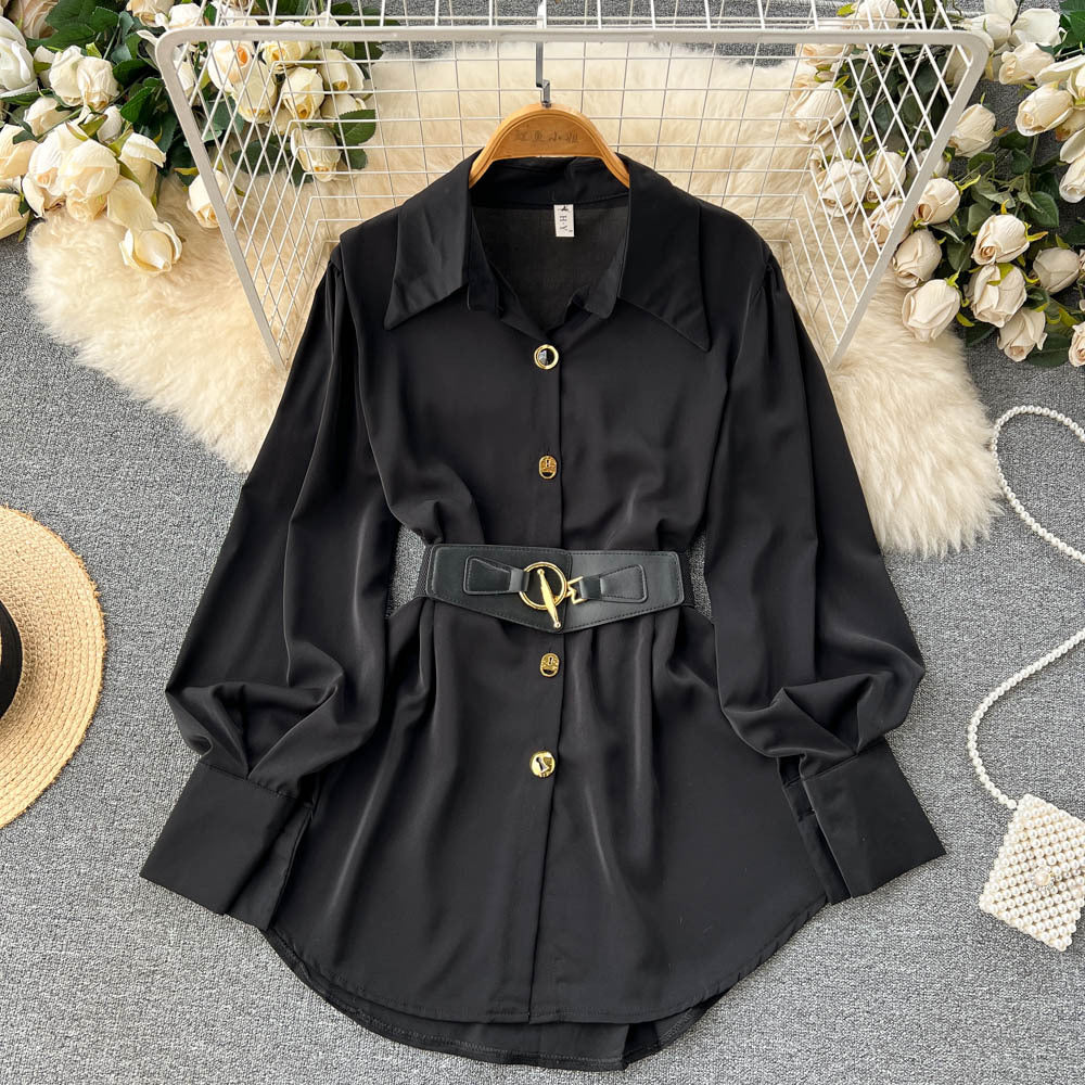 Unique petite tie-waist dress - autumn women's high-end, stunning, elegant long-sleeve white shirt dress