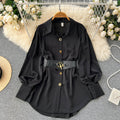 Unique petite tie-waist dress - autumn women's high-end, stunning, elegant long-sleeve white shirt dress