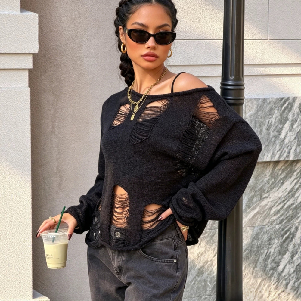 Korean style off-shoulder women's top - casual, relaxed fit, loose,  autumn new arrival, distressed & cutout long sleeve sweater