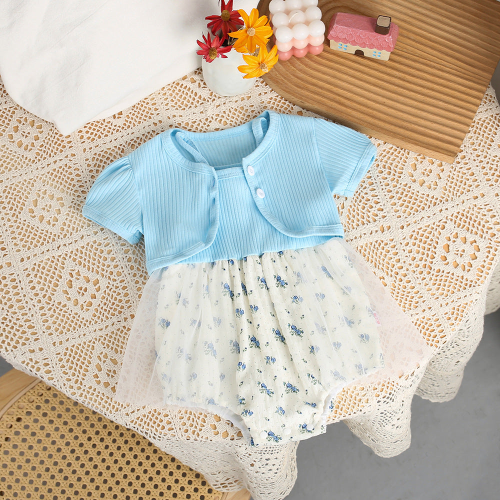 Baby girl summer floral patchwork romper with straps - sweet princess style infant outfit