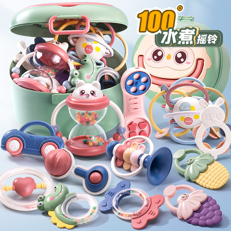 Infant rattle toys can be boiled educational toothpaste can bite newborn babies hand rattle with storage box for gifts