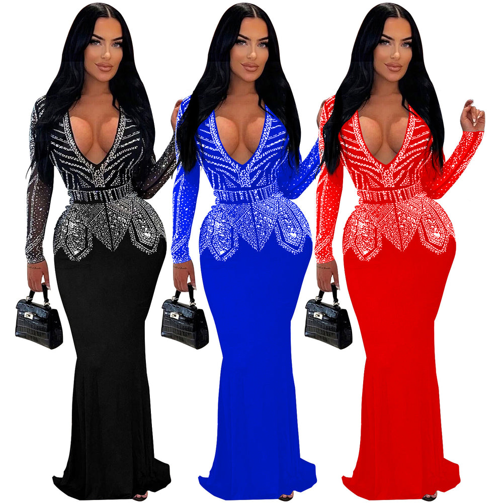C7003 cross-border   independent station fashionfashion women's new hot diamond long skirt dress v neck