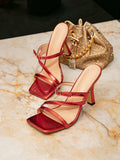 Women's red high-heeled sandals - fashionable party slip-ons, square toe, comfortable and minimalist high heels for women