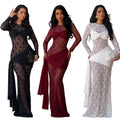 C7688 cross-border   fashion women's sexy round neck lace slim fit long sleeve dress