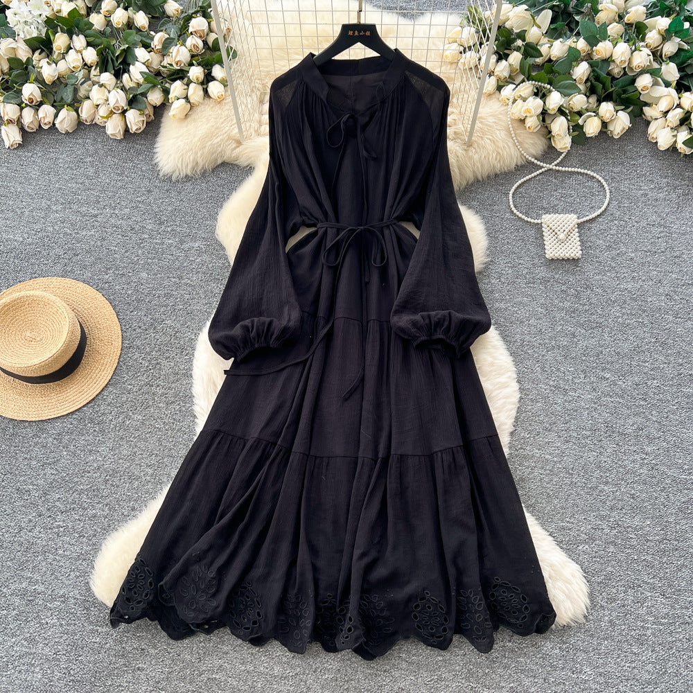 French chic tie-waist lantern sleeve cutout embroidered maxi dress - autumn/winter high-end women's dress