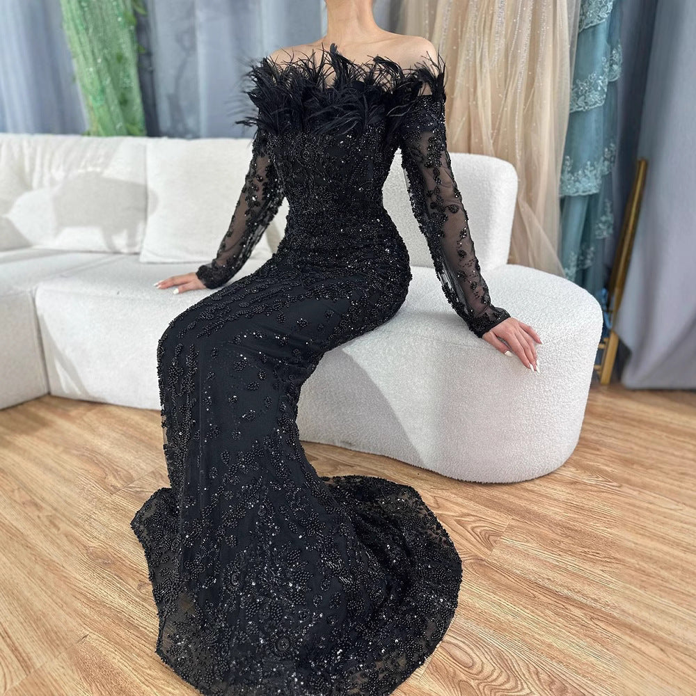25export black one shoulder feather fishtail dress accessible luxuryeleganceelegant socialite banquet host evening dress