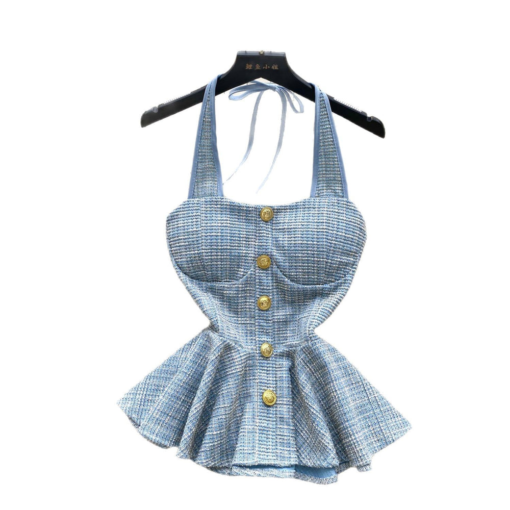 European and american hot girl style halter tank top - women's summer tweed design, unique and chic, pure & sultry, petite-friendly top