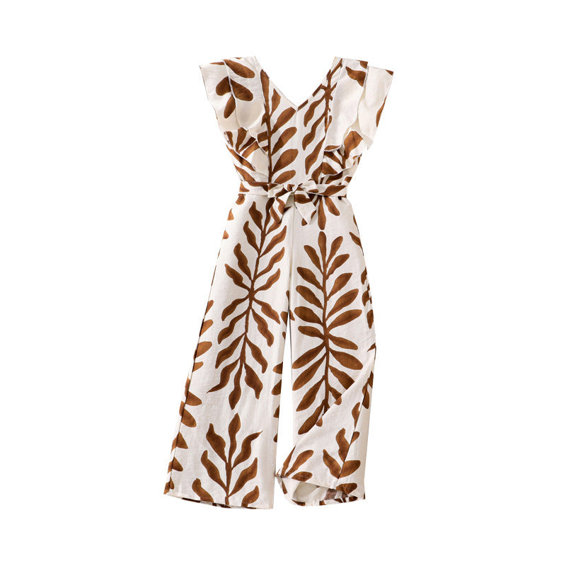 Hot-selling european and american girls' clothing:  spring/summer new arrivals - cross-border elegant v-neck casual tropical leaf print jumpsuit