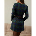 Women's autumn/winter fashionable and elegant round neck plaid long sleeve short dress - perfect for dates (belt not included)