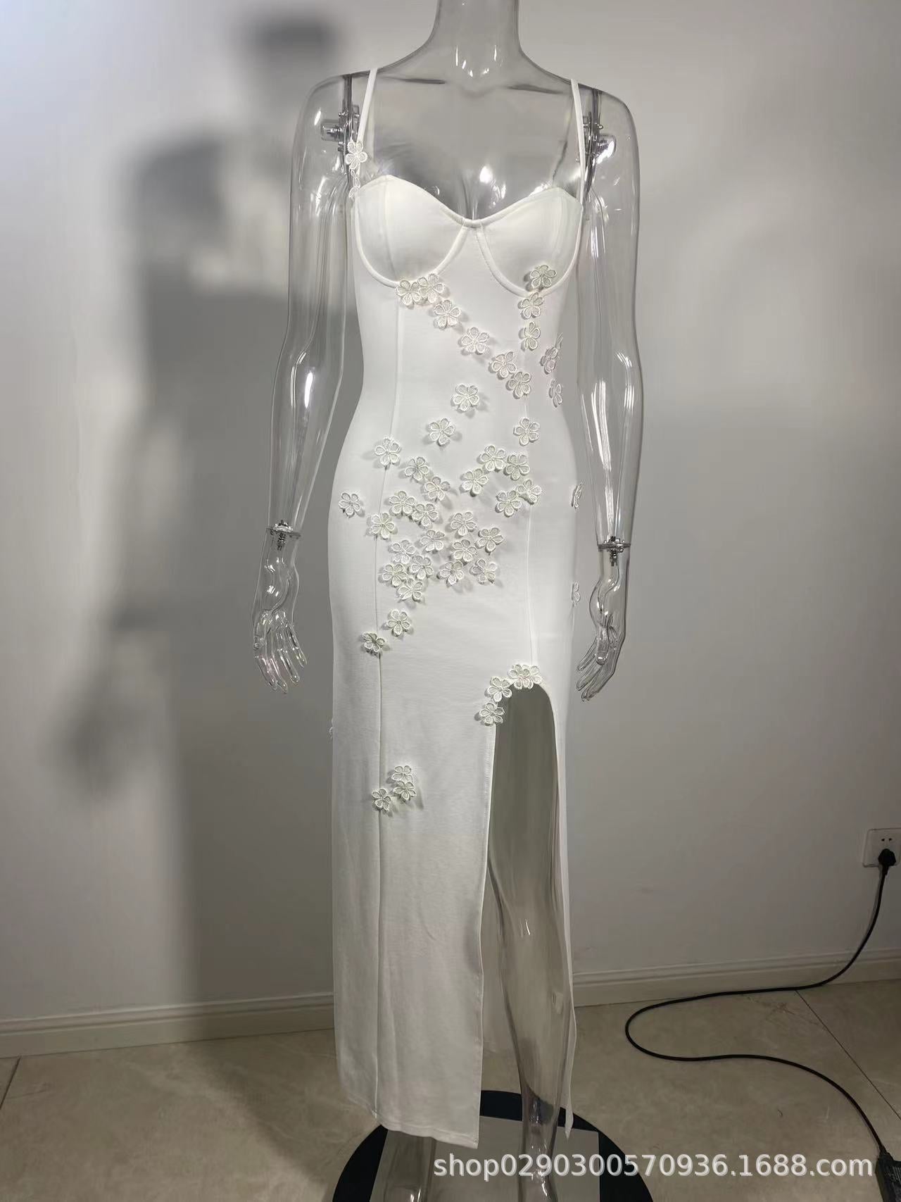 SDM112 autumn and winter European and American new suspender three-dimensional flower slit long dress party dress wholesale Dress