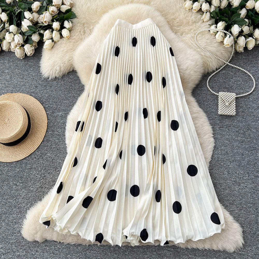 Light mature style retro polka dot pleated classy skirt women's high waist a-line slimming look pleated drape long skirt work clothing