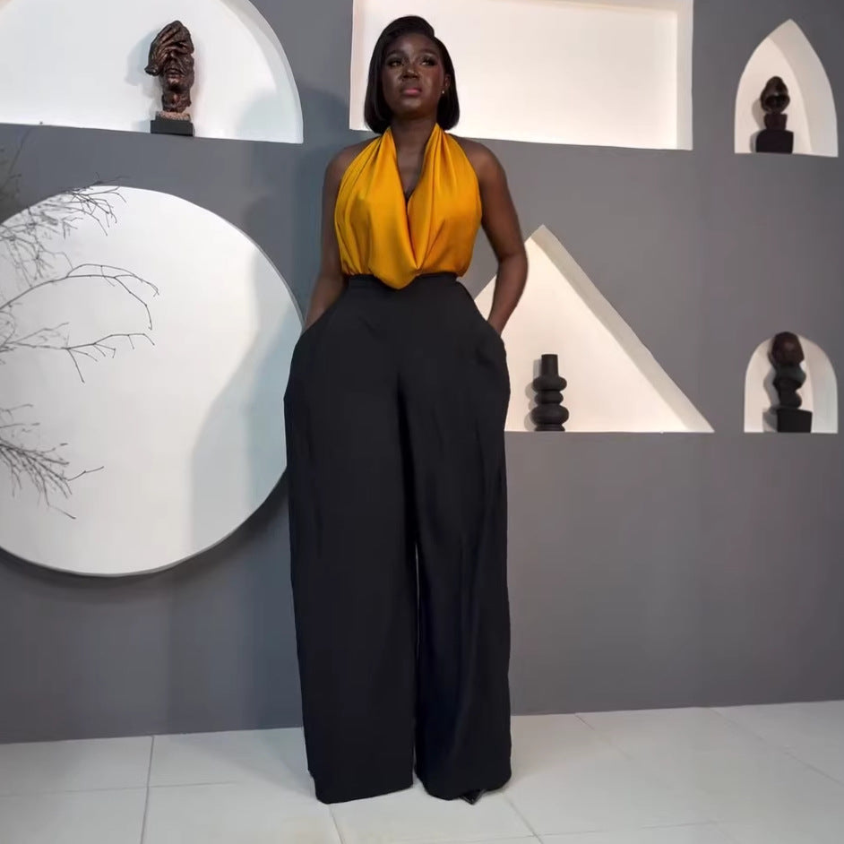 European and american cross-border women's fashion:  summer new arrival - elegant solid color halter neck sleeveless top & casual wide-leg pants set
