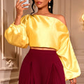 Amazon new satin one-shoulder top - loose fit, bubble sleeve, designer-style, elegant short blouse for banquets & events