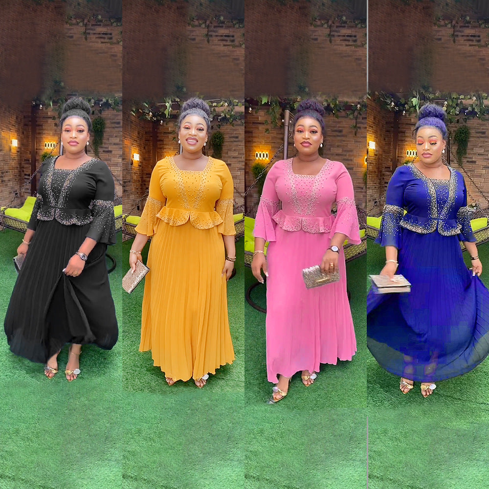 african plus size  beaded pure colordressfashionexport women's clothing fake two-piece set pleated skirt