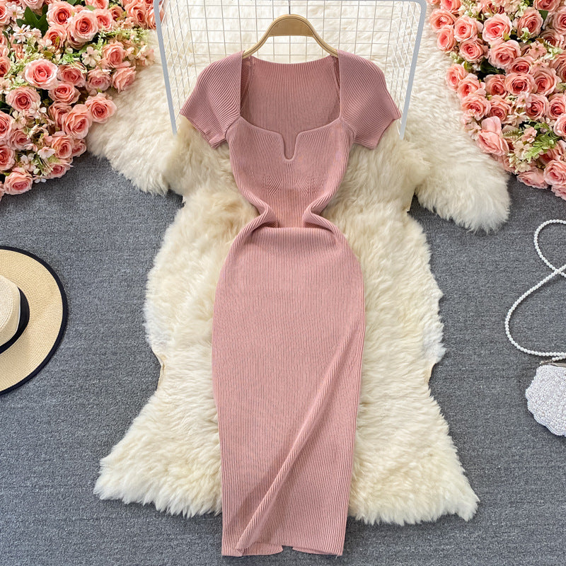 Fitted and slimming square neck knit dress - short sleeve,  summer new arrival, chic and sexy, bodycon maxi dress
