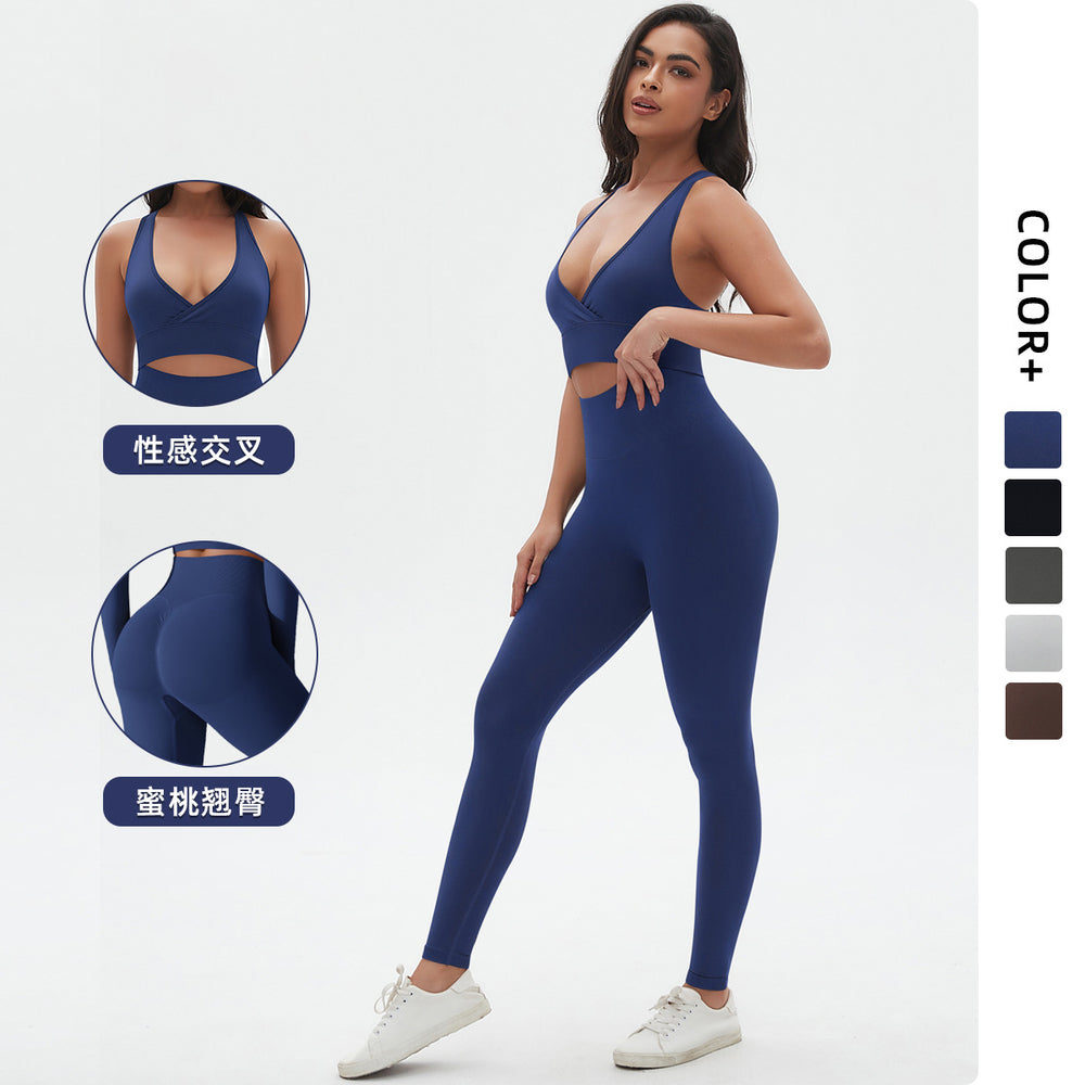 New arrival cross-border seamless pure color tight sexy cross-shaped yoga suit running fitness two-piece set