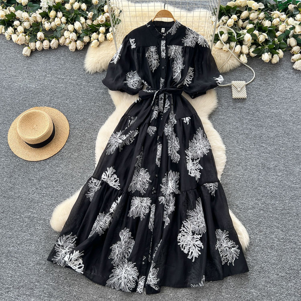 Palace style classy heavy industry embroider puff sleeve dress female summerfrench strap waist single breasted long skirt