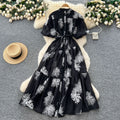 Palace style classy heavy industry embroider puff sleeve dress female summerfrench strap waist single breasted long skirt
