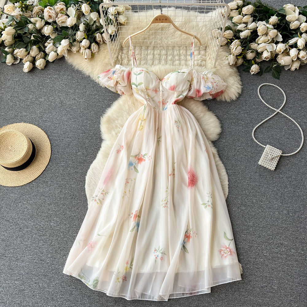 French one-shoulder bandeau slip dress - women's summer soft style, cinched waist, floral print, puff sleeves, mesh fairy dress