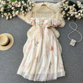 French one-shoulder bandeau slip dress - women's summer soft style, cinched waist, floral print, puff sleeves, mesh fairy dress