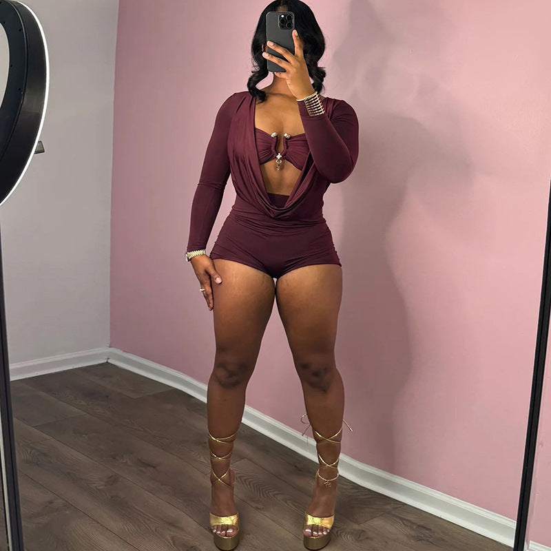 European and american style  spring/summer new arrivals: edgy streetwear sexy hot girl deep v low-cut solid color slim-fit jumpsuit