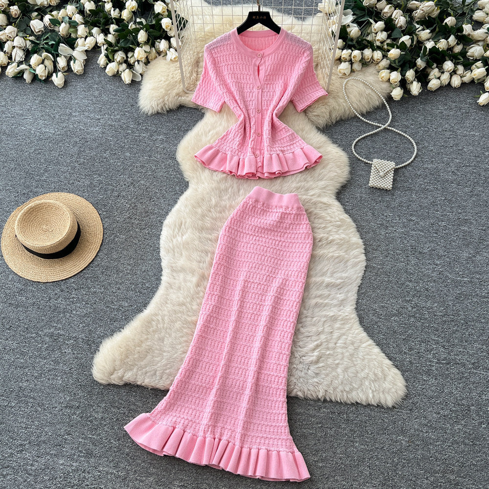 K-styleknittingrufflesilm two-piece set for women summer silm light mature elegance style work clothingelegantsuit